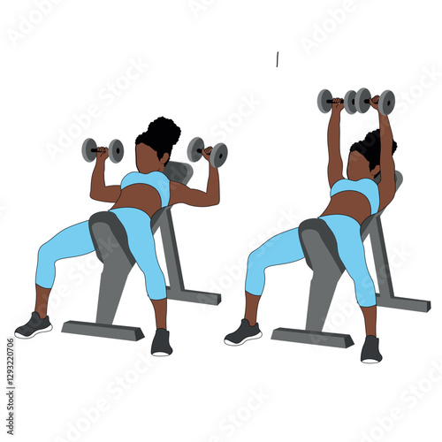 A Black African woman in blue clothing doing incline bench dumbbell chest press exercise. Flat vector illustration isolated on white background