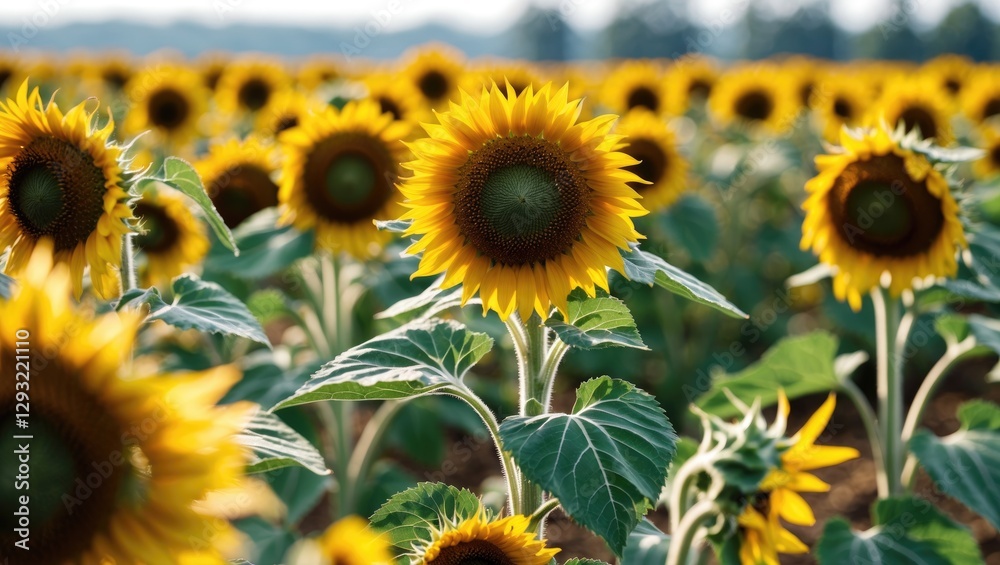 Sunflower field in full bloom ready for harvest showcasing vibrant yellow flowers and green leaves under a clear blue sky. Sunflower field in full bloom ready for harvest showcasing vibrant yellow flowers and green leaves under a clear blue sky.