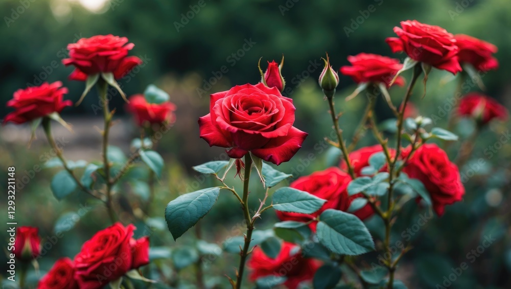 Elegant Red Roses in a Lush Garden Setting with Space for Personal Text or Branding Elements Elegant Red Roses in a Lush Garden Setting with Space for Personal Text or Branding Elements