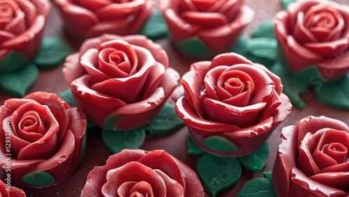Vibrant close-up of intricately crafted red soap rose flowers with lush green leaves on a dark background showcasing artisanal beauty.