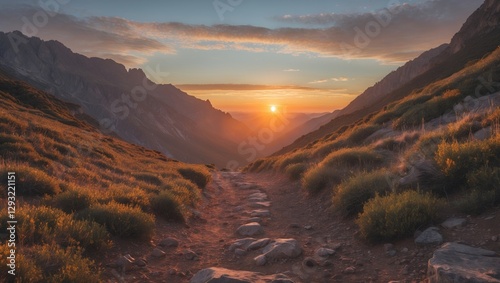 Serene Sunrise Scene Along a Hiking Trail with Majestic Mountains and Vibrant Sky Perfect for Text Overlay
