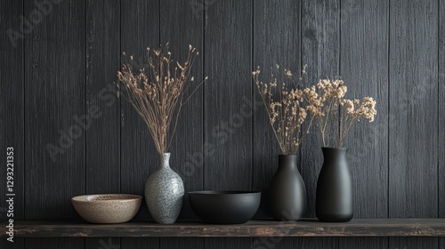 Rustic Dried Flower Arrangement on Dark Wooden Shelf