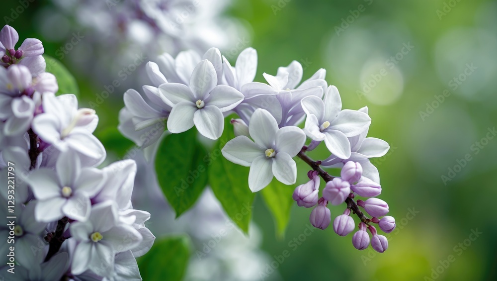 White Lilac Flowers Against Softly Blurred Green Background with Space for Text or Design Elements in Nature Inspired Theme White Lilac Flowers Against Softly Blurred Green Background with Space for Text or Design Elements in Nature Inspired Theme
