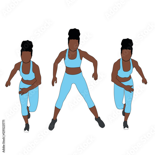 A Black African woman in blue clothing doing skater jumps cardio exercise. Flat vector illustration isolated on white background