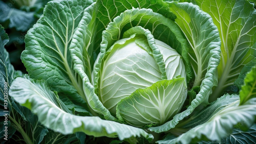 Obraz premium Fresh White Cabbage Close-Up Natural Leaf Texture in a Plentiful Green Garden Background Healthy Eating and Organic Farming Concept