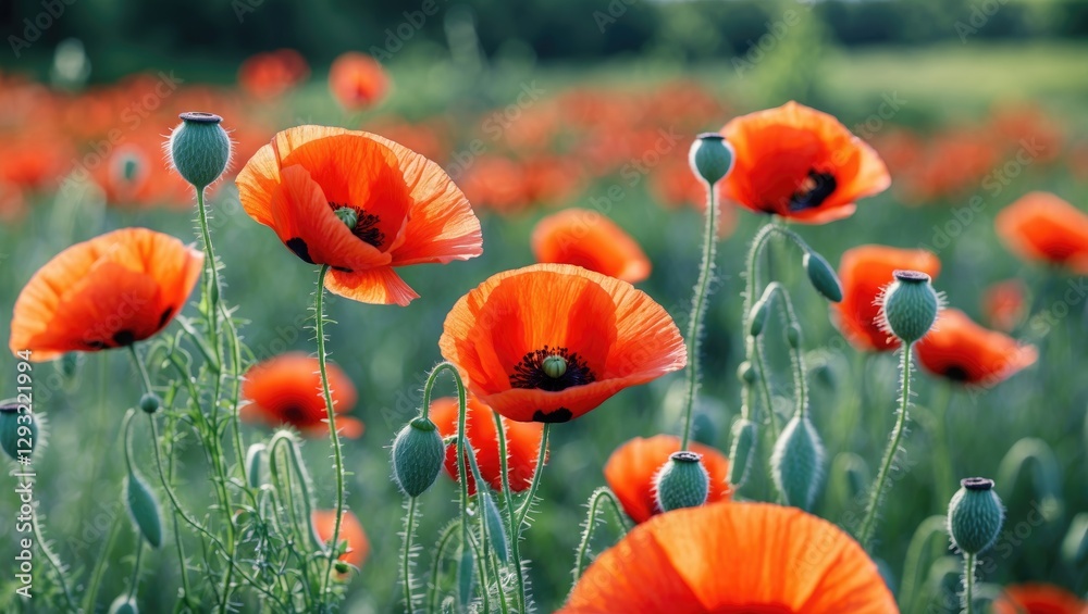 Obraz premium Vibrant red poppies in a sunlit summer field creating a stunning natural landscape perfect for backgrounds and floral themes.