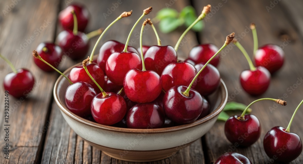 Fresh Ripe Red Cherries in a Bowl on Rustic Wooden Table with Copy Space for Text and Natural Greenery as Background Accent Fresh Ripe Red Cherries in a Bowl on Rustic Wooden Table with Copy Space for Text and Natural Greenery as Background Accent