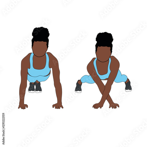 A Black African woman in blue clothing doing plank lateral walks exercise for abs. Flat vector illustration isolated on white background