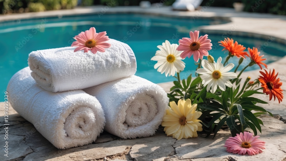 Relaxing Towel Set and Colorful Flowers Beside Tranquil Swimming Pool with Copy Space for Your Text or Promotional Message Relaxing Towel Set and Colorful Flowers Beside Tranquil Swimming Pool with Copy Space for Your Text or Promotional Message