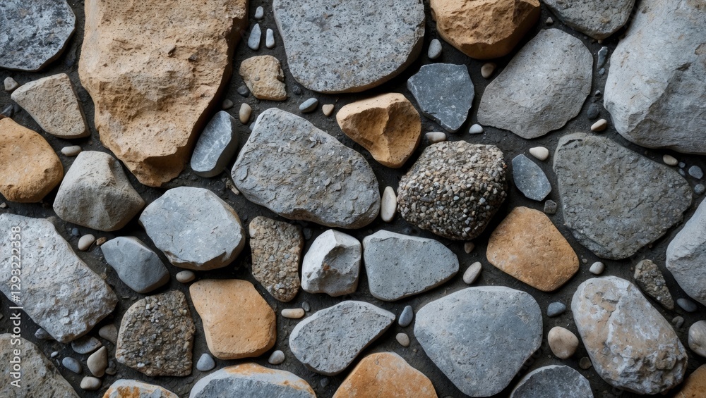 Varied stones and pebbles creating a textured surface pattern on a rustic concrete floor for elegant design backgrounds. Varied stones and pebbles creating a textured surface pattern on a rustic concrete floor for elegant design backgrounds.