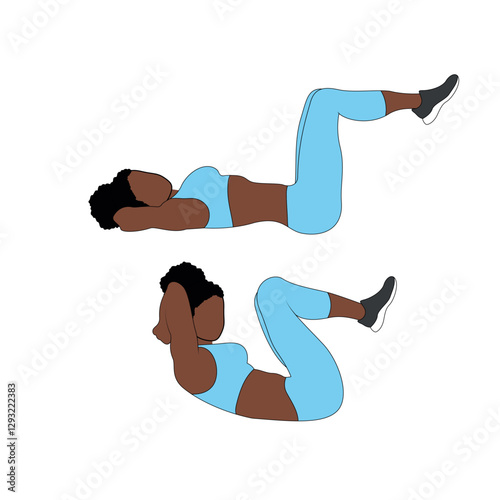 A Black African woman in blue clothing doing 90/90 crunches exercise for abs. Flat vector illustration isolated on white background
