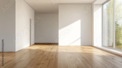 Minimalist living room with white walls and wood floor, embodying simplicity and modern elegance.