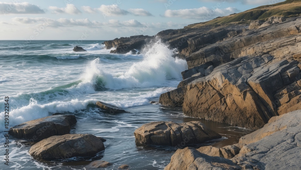 Obraz premium Crashing Waves on Rocky Beach with Scenic Shoreline and Space for Text Overlay