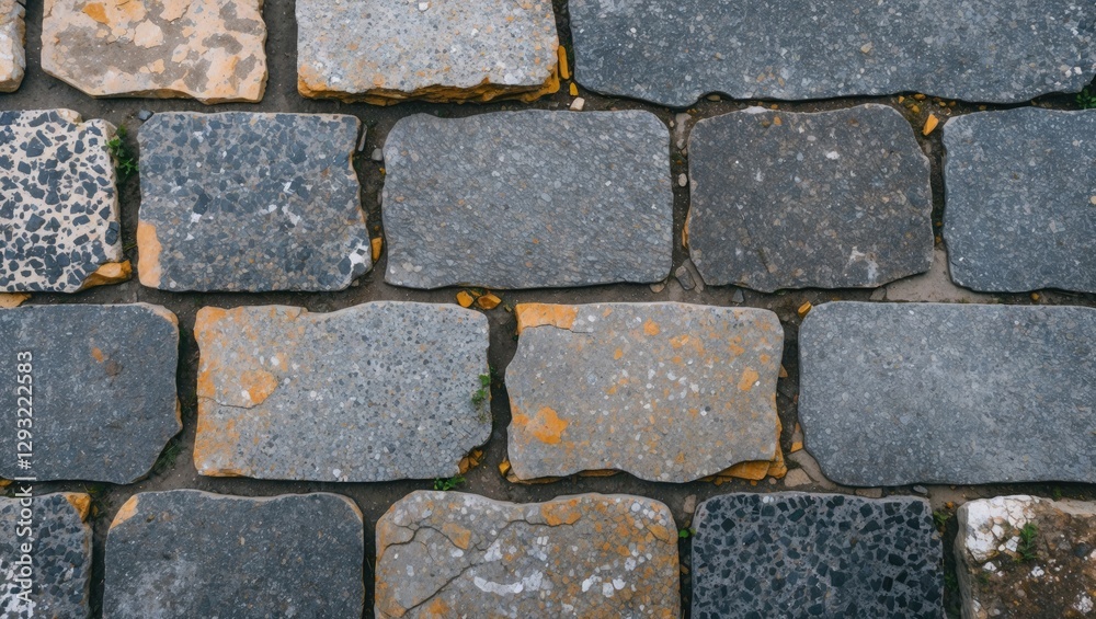Paving stone road top view showcasing granite texture and cobblestones creating an abstract background ideal for design projects. Paving stone road top view showcasing granite texture and cobblestones creating an abstract background ideal for design projects.