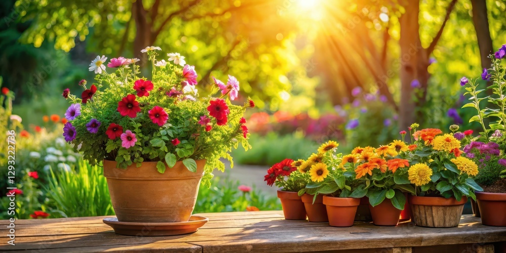 Vibrant colorful flowers in a terracotta pot on a sunny patio surrounded by lush greenery and a wooden bench, with a warm sunbeam casting a gentle glow, flowers in pots, garden decor Vibrant colorful flowers in a terracotta pot on a sunny patio surrounded by lush greenery and a wooden bench, with a warm sunbeam casting a gentle glow, flowers in pots, garden decor