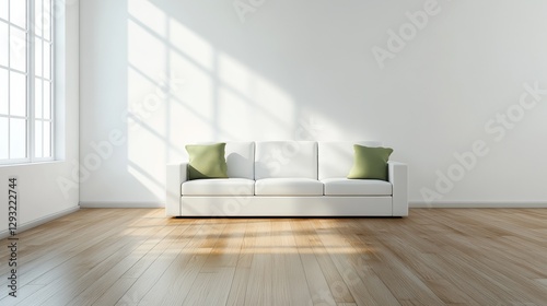 Minimalist living room with white walls and wood floor, embodying simplicity and modern elegance.