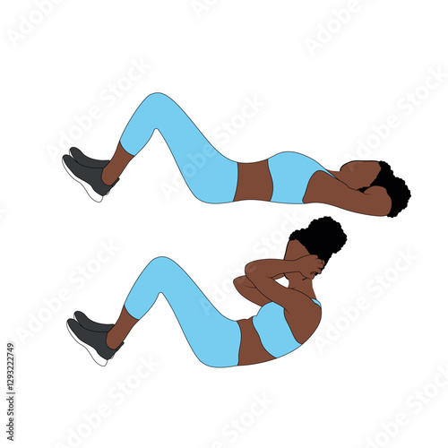 A Black African woman in blue clothing doing crunches exercise for abs. Flat vector illustration isolated on white background