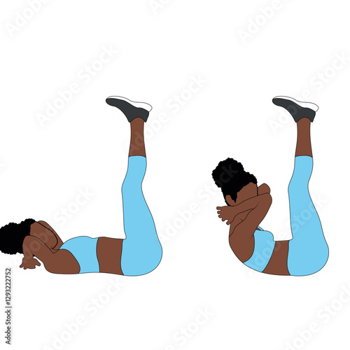 A Black African woman in blue clothing doing raised leg crunches exercise for abs. Flat vector illustration isolated on white background