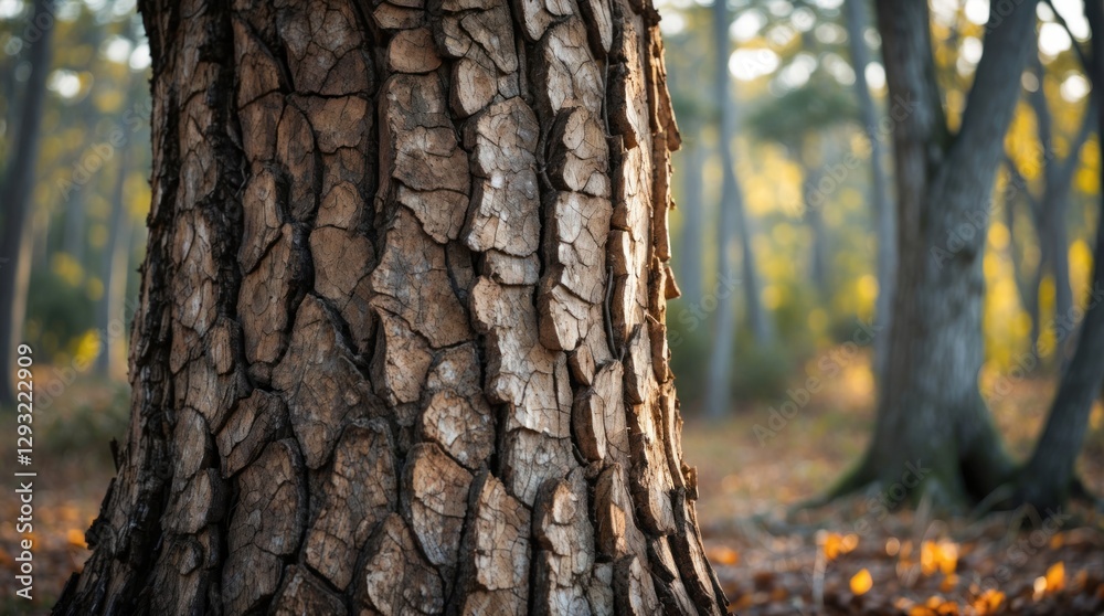 Obraz premium Detailed close-up of textured tree bark in a serene forest setting showcasing natural patterns and autumnal light.