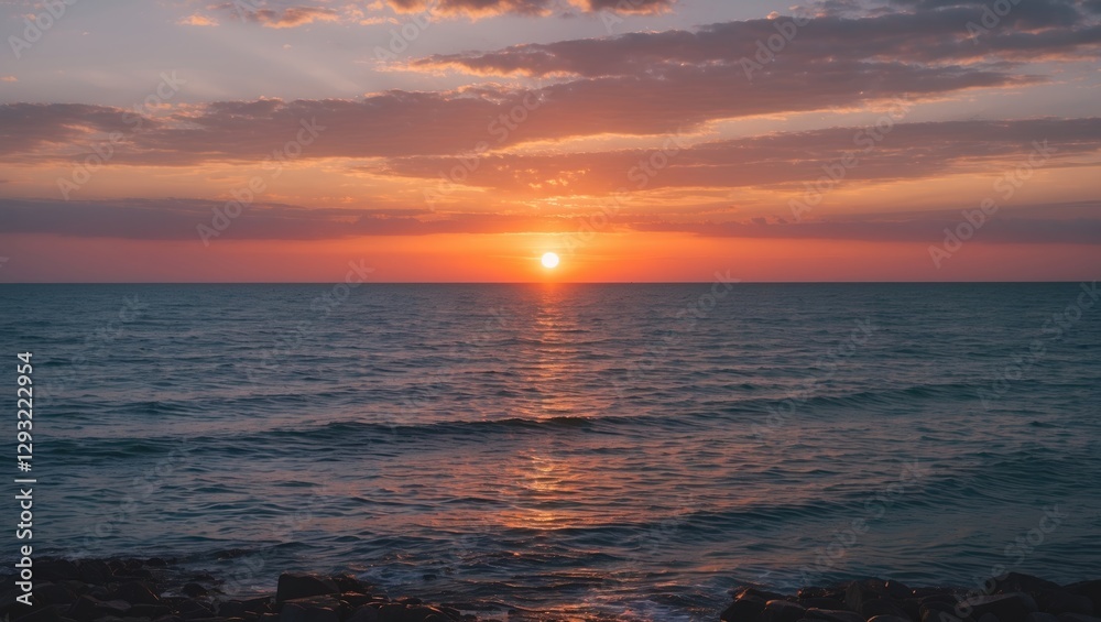 Obraz premium Tranquil Sunset Over Calm Sea with Expansive Copy Space for Text and Messages