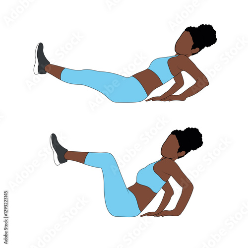 A Black African woman in blue clothing doing seated knee tucks exercise for abs. Flat vector illustration isolated on white background