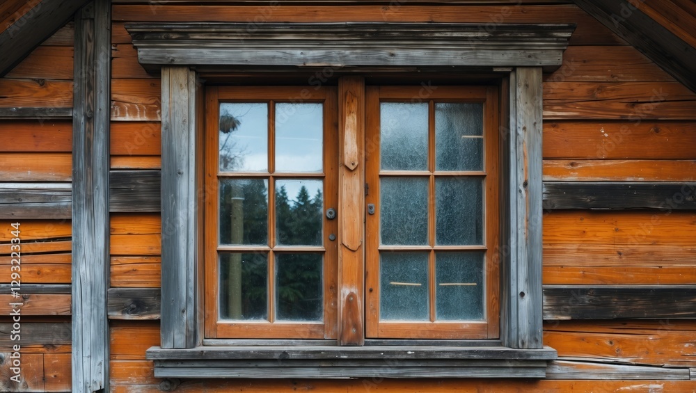 Wooden window frame in an old rustic house showcasing detailed craftsmanship and vintage charm set against a weathered wooden background. Wooden window frame in an old rustic house showcasing detailed craftsmanship and vintage charm set against a weathered wooden background.