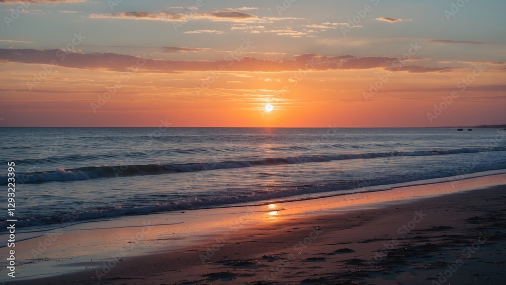 Serene Sunset Over Calm Beach Waves with Tranquil Reflection and Ample Space for Text and Graphics Serene Sunset Over Calm Beach Waves with Tranquil Reflection and Ample Space for Text and Graphics