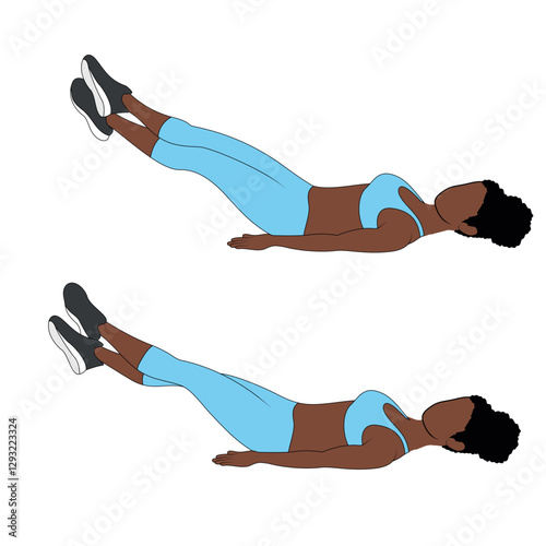A Black African woman in blue clothing doing scissor kicks exercise for abs. Flat vector illustration isolated on white background