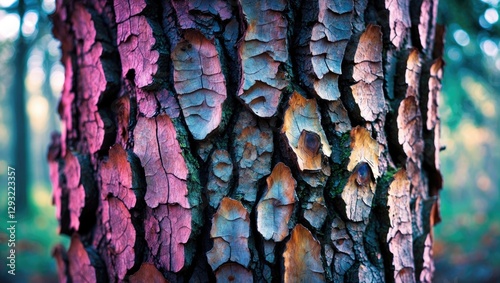 Colorful tree bark texture creating an abstract background for nature-themed designs and wallpapers. Rich details and vibrant hues.