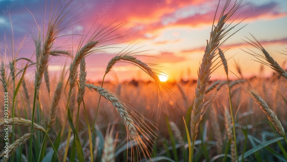 Golden Grain Field at Sunset with Vibrant Colors and Space for Text in the Sky. A Serene Natural Landscape for Background Use. Golden Grain Field at Sunset with Vibrant Colors and Space for Text in the Sky. A Serene Natural Landscape for Background Use.
