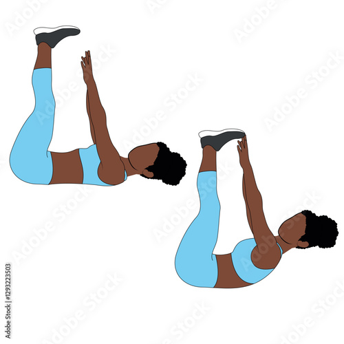 A Black African woman in blue clothing doing raised leg crunches exercise for abs. Flat vector illustration isolated on white background
