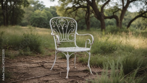 Vintage white iron chair in a serene natural park setting evoking feelings of solitude and tranquility amidst lush greenery.