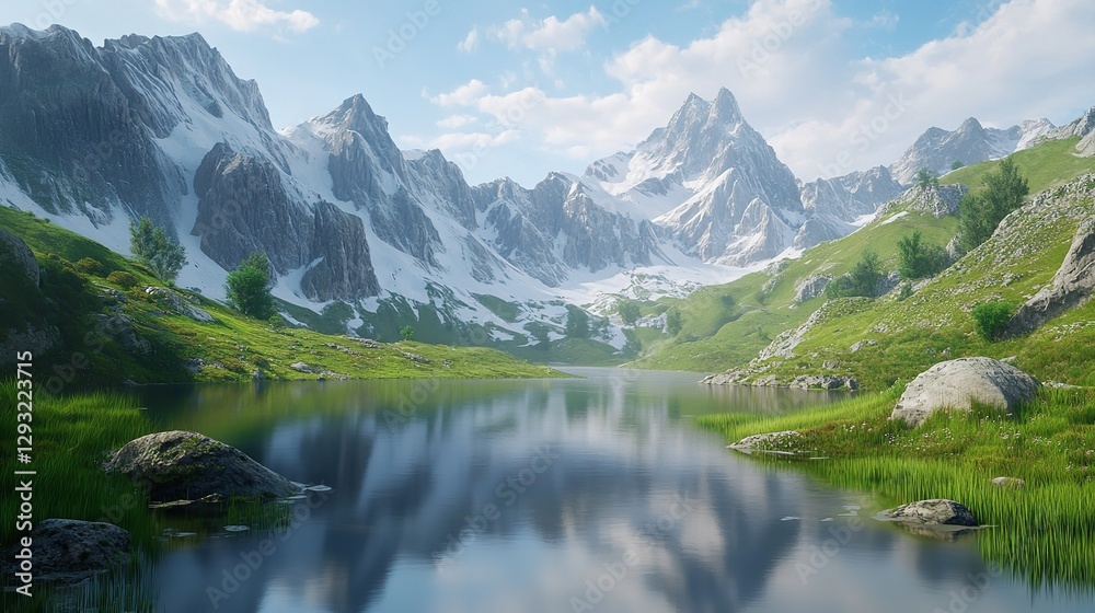 Naklejka premium A Serene Mountain Lake Reflecting Snow-Capped Peaks and a Partly Cloudy Sky, Framed by Lush Green Hills and Evergreen Trees, Creating a Peaceful and Natural Landscape.