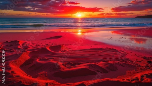 Vibrant sunset casting fiery reflections on red sand at Vesteys Beach, Darwin, showcasing the beauty of nature in Northern Territory Australia.