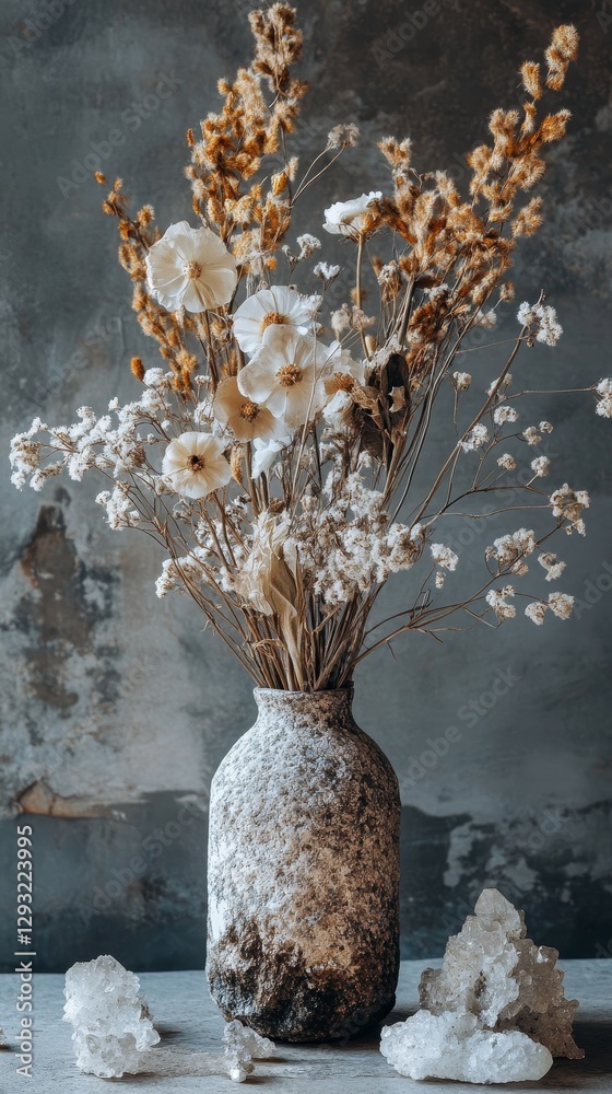 Stunning Dried Flower Bouquet in Rustic Vase with Crystals