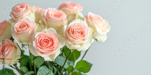 A beautiful bouquet of soft pink and white roses. Perfect for decoration, gifts, or romantic occasions. The delicate petals are fresh and vibrant. Enhance any space with elegance. AI