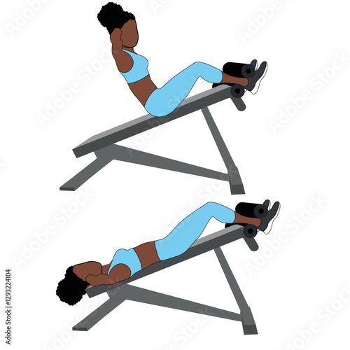 A Black African woman in blue clothing doing decline bench sit ups with dumbbells exercise for abs. Flat vector illustration isolated on white background