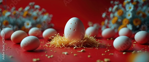 Delicate white egg surrounded by straw and smaller eggs on a vibrant red background with yellow flowers for a festive spring theme.