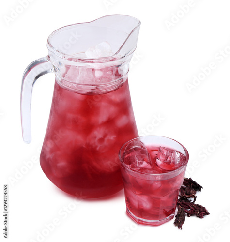 Wallpaper Mural Delicious hibiscus tea with ice and dry roselle sepals isolated on white Torontodigital.ca