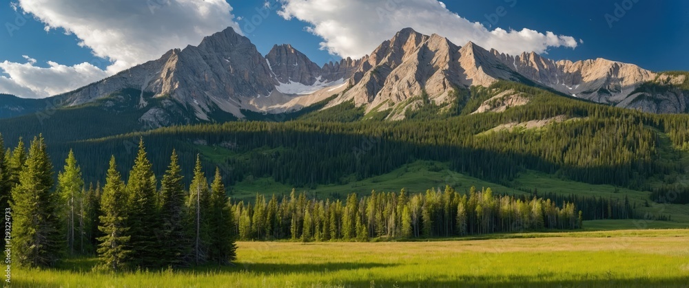 Fototapeta premium Majestic Rocky Mountains Surrounded by Lush Green Forests and Vibrant Meadows Under a Bright Blue Sky