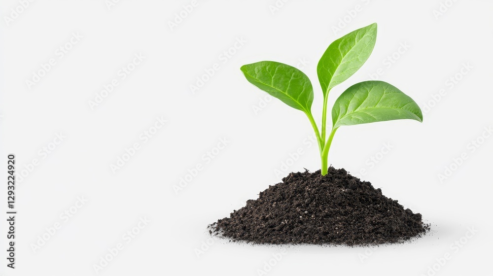 Fresh Green Plant Growing from Rich Dark Soil on White Background Fresh Green Plant Growing from Rich Dark Soil on White Background