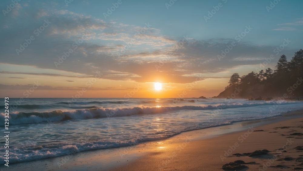 Serene Sunrise Over Beach with Gentle Waves and Clear Space for Text or Messaging Serene Sunrise Over Beach with Gentle Waves and Clear Space for Text or Messaging