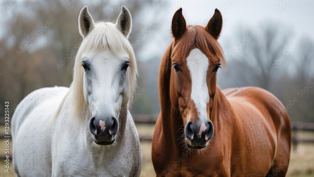 Naklejka premium Elegant White and Brown Horses Together with Room for Text and Branding