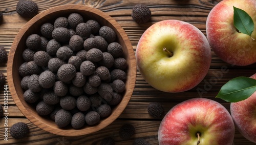 Top view of black sweet-sop seeds in a bowl with ripe sugar apples and red apples on a rustic wooden table background.