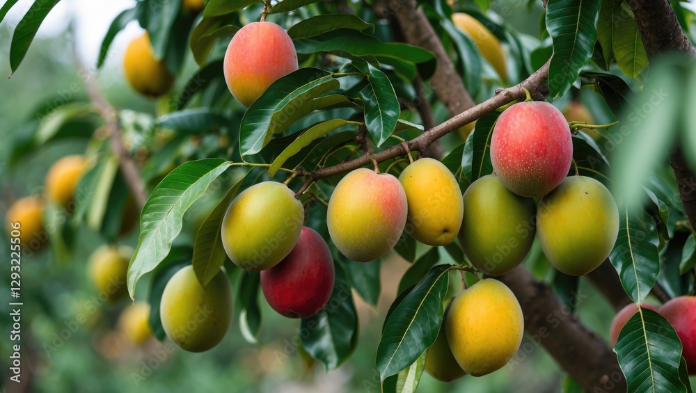 Mangoes on a tree showcasing ripe and unripe fruit surrounded by lush green leaves in a vibrant orchard setting. Mangoes on a tree showcasing ripe and unripe fruit surrounded by lush green leaves in a vibrant orchard setting.
