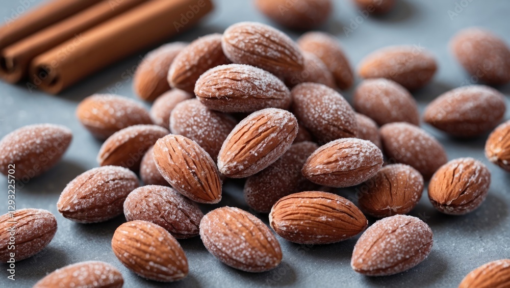 Sugared Cinnamon Almonds Glazed with Sugar and Spice on a Gray Surface with Cinnamon Sticks in Background Ideal for Food Photography Sugared Cinnamon Almonds Glazed with Sugar and Spice on a Gray Surface with Cinnamon Sticks in Background Ideal for Food Photography