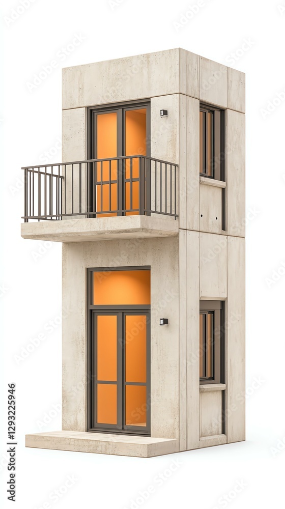 Obraz premium Modern minimalist building design featuring a balcony and large windows with warm orange light.