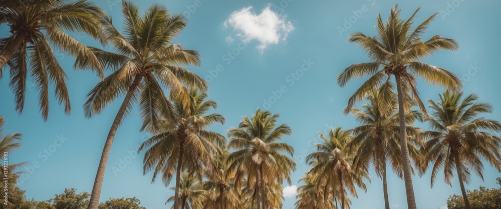 Vibrant tropical palm trees under a clear blue sky creating a serene summer atmosphere perfect for vacation and relaxation themes. Vibrant tropical palm trees under a clear blue sky creating a serene summer atmosphere perfect for vacation and relaxation themes.