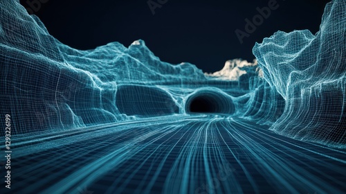 Fototapeta Naklejka Na Ścianę i Meble -  Digital road through wireframe mountains, leading to dark tunnel