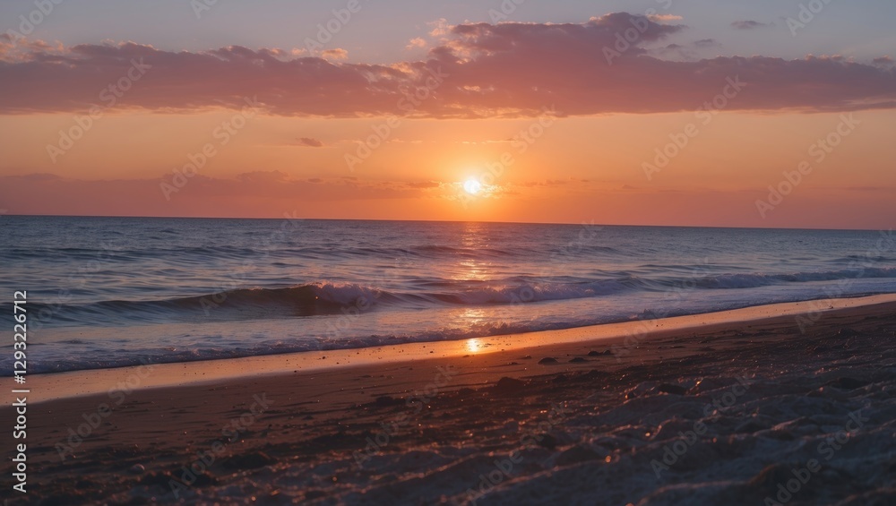 Serene Sunset Over Tranquil Beach Waves Illuminating the Shoreline with Warm Golden Hues Serene Sunset Over Tranquil Beach Waves Illuminating the Shoreline with Warm Golden Hues